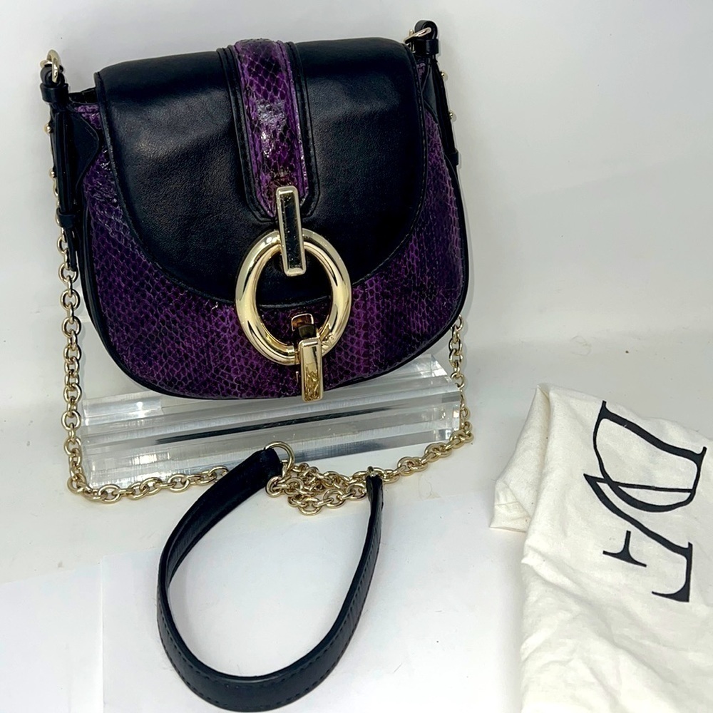 DVF Mini Sutra Crossbody Purple Snakeskin and Black Leather
